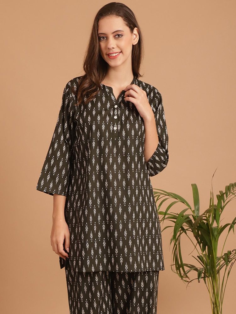 Indreams Summer Cotton Woven Kurti Olive-picture-19