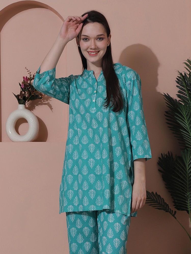 Indreams Summer Cotton Woven Kurti Green-picture-24
