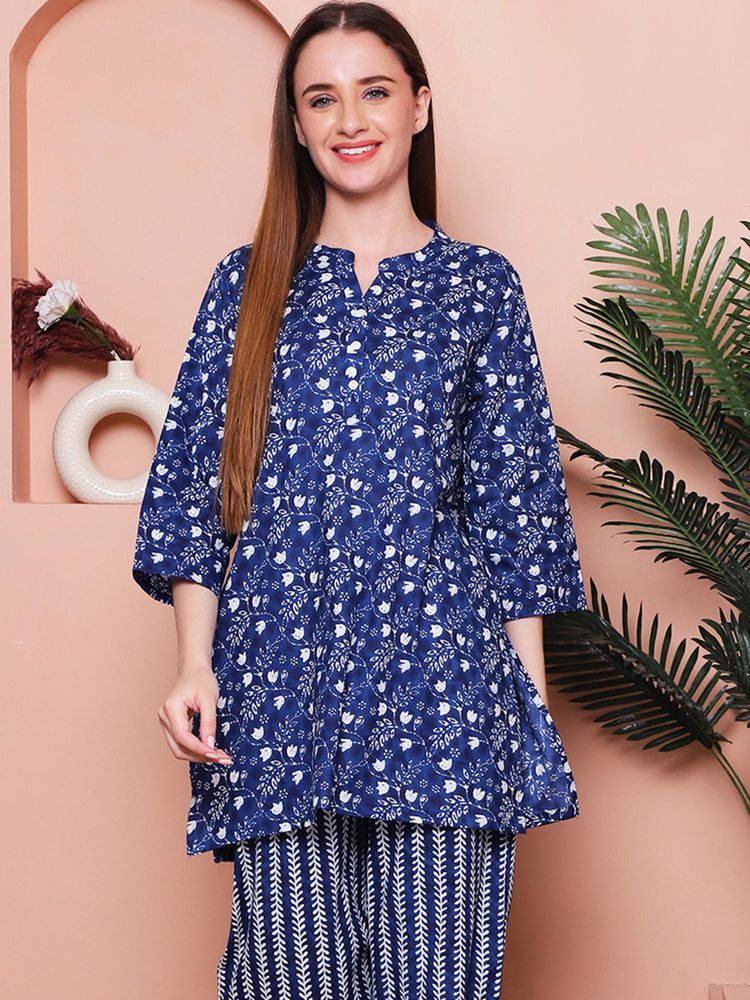 Indreams Summer Cotton Woven Kurti Blue-picture-14