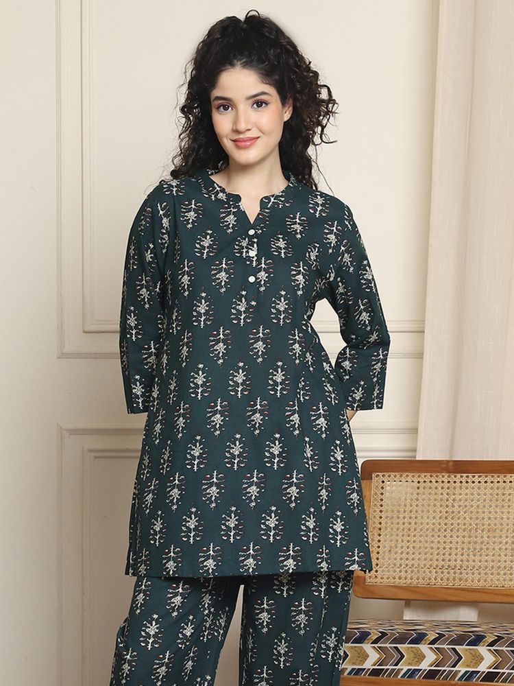 Indreams Summer Cotton Woven Kurti Green-picture-3