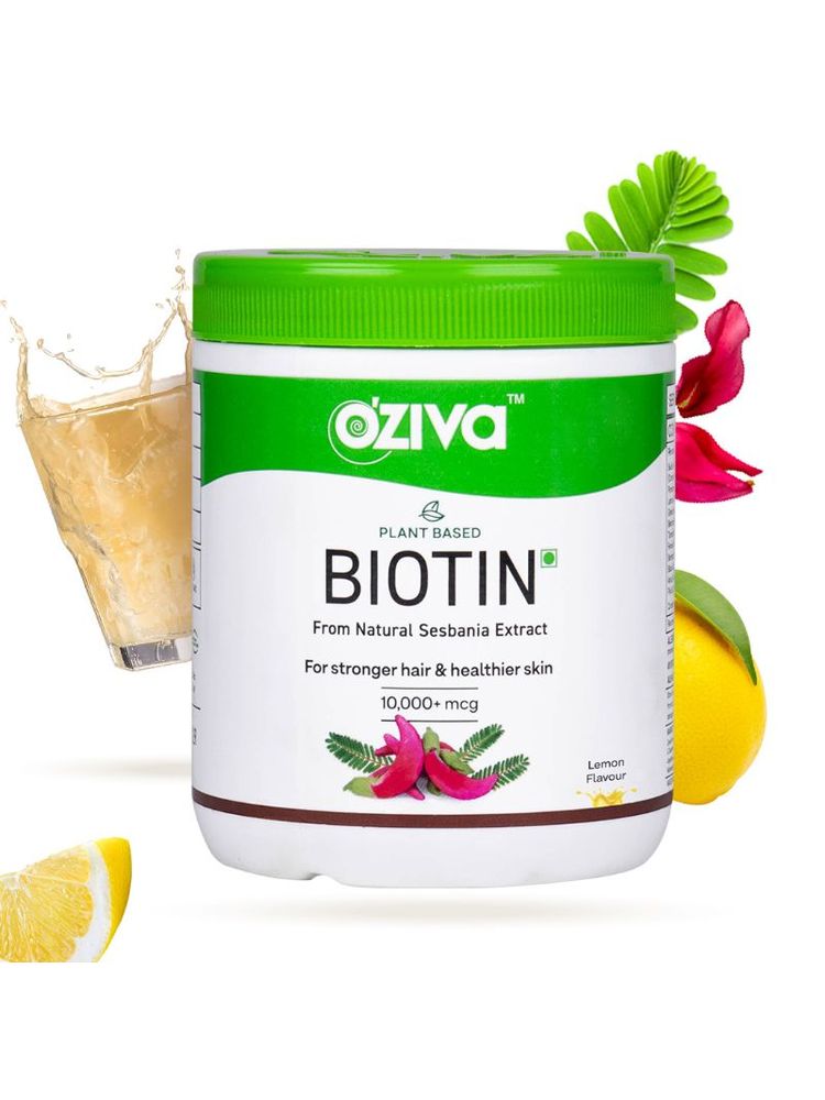 Oziva Plant Based Biotin 10000+ Mcg With Sesbania Agati, Bamboo Shoot & Amla - Lemon Flavor