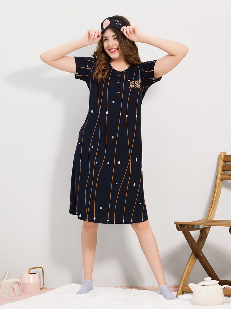 Quira Navy Blue Women Cotton Half Sleeves Printed Nightdress-image-0