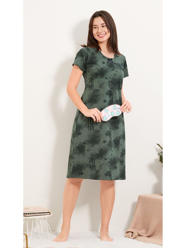 Quira Olive Women Cotton Half Sleeves Printed Nightdress-image-25