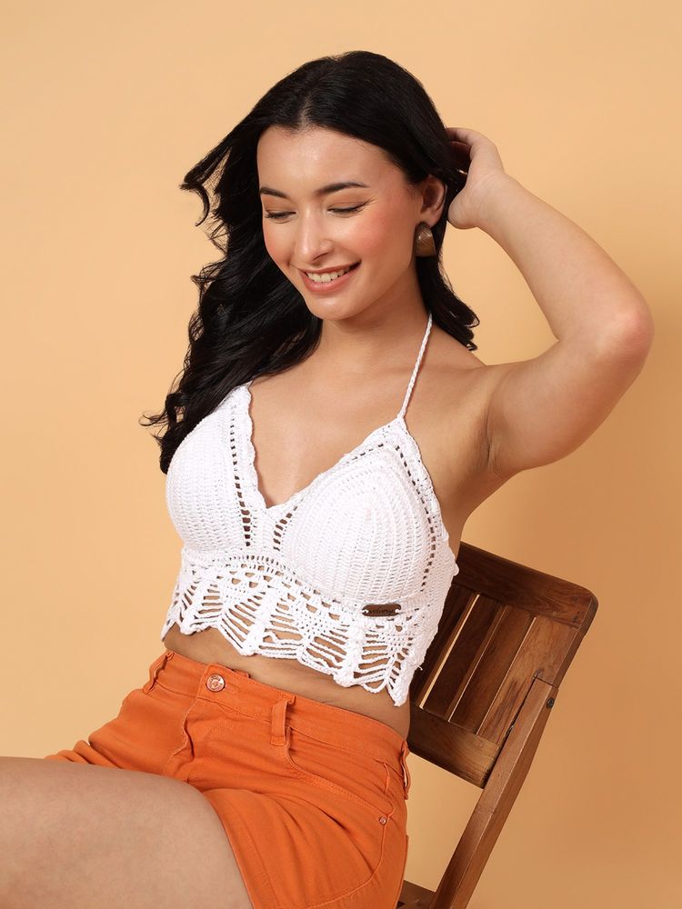 Velvery Crochet Tassel Fringe Detailed Bralette - White-picture-8