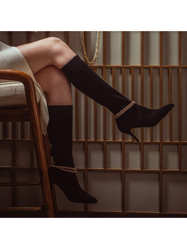 Saint G Lumina Golden Cord String Black Stretch Suede Long Boots-image-3