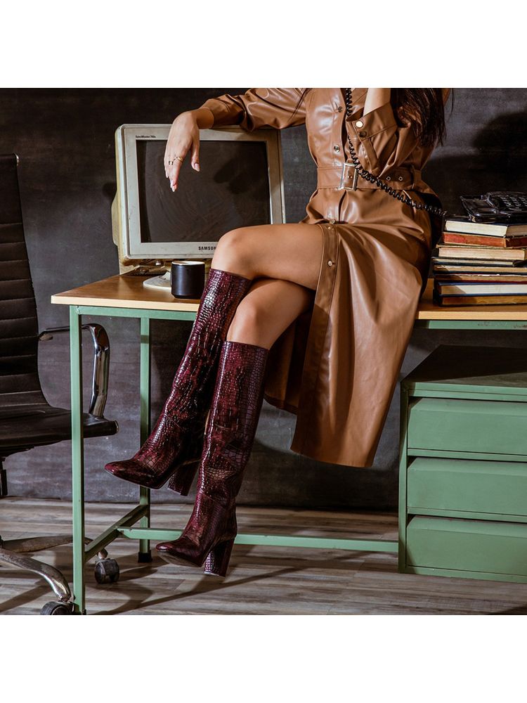 Saint G Emily Burgundy Croco Vegan Leather Knee High Boots-picture-23