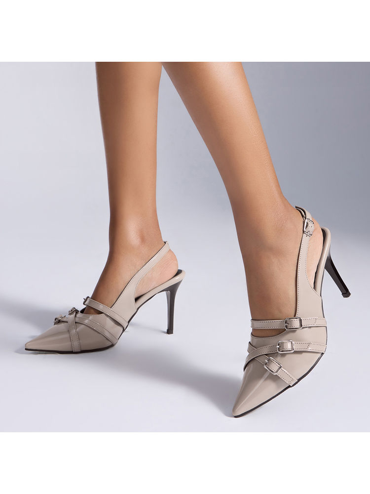 RSVP by Nykaa Fashion Beige Patent Pointed Toe Buckle Detail Stiletto Heels-image-8