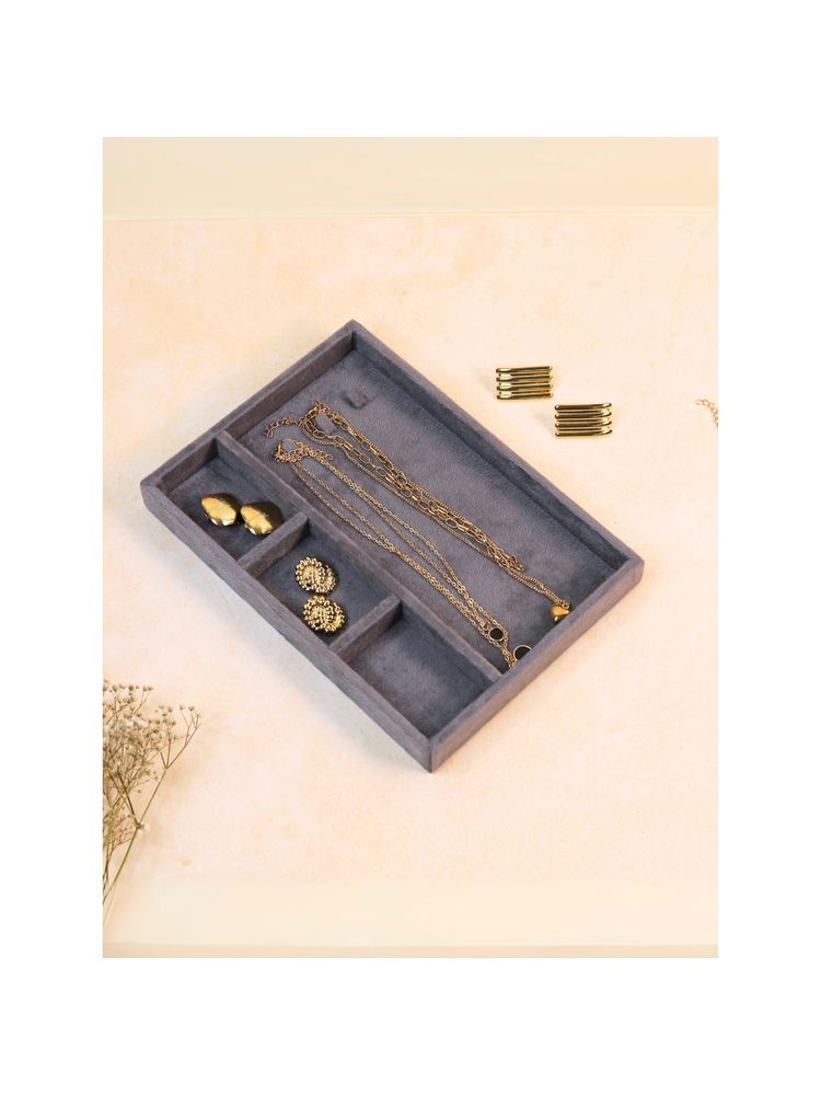 The Big Trove 3 Chain Hooks & Grid Grey Small Velvet, Jewellery Organizer Tray For Wardrobe Closet-image-5
