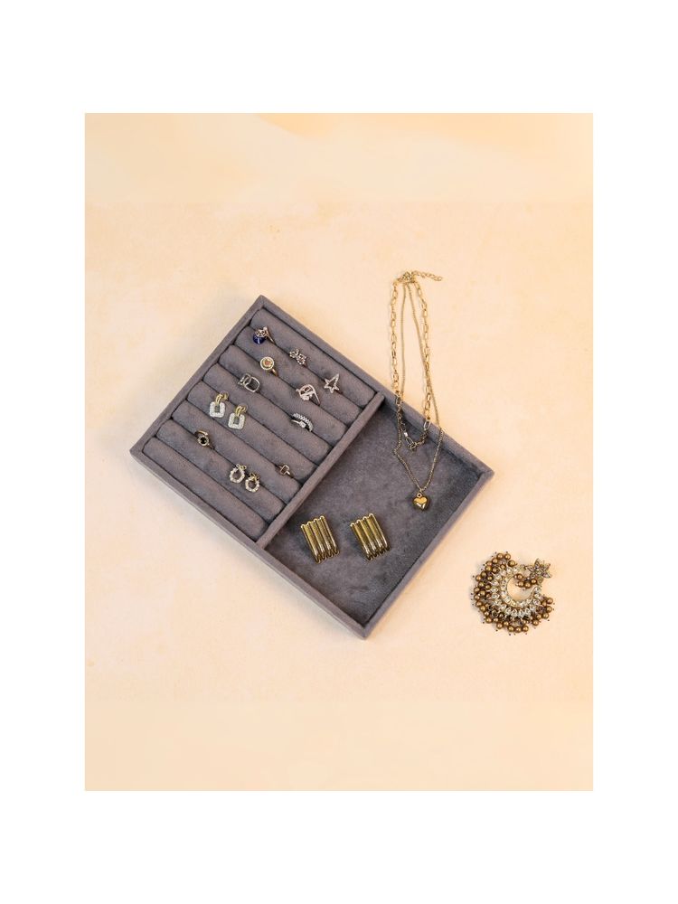 The Big Trove Rings Plain Grey Small Velvet, Jewellery Organizer Tray For Wardrobe Closet-image-19