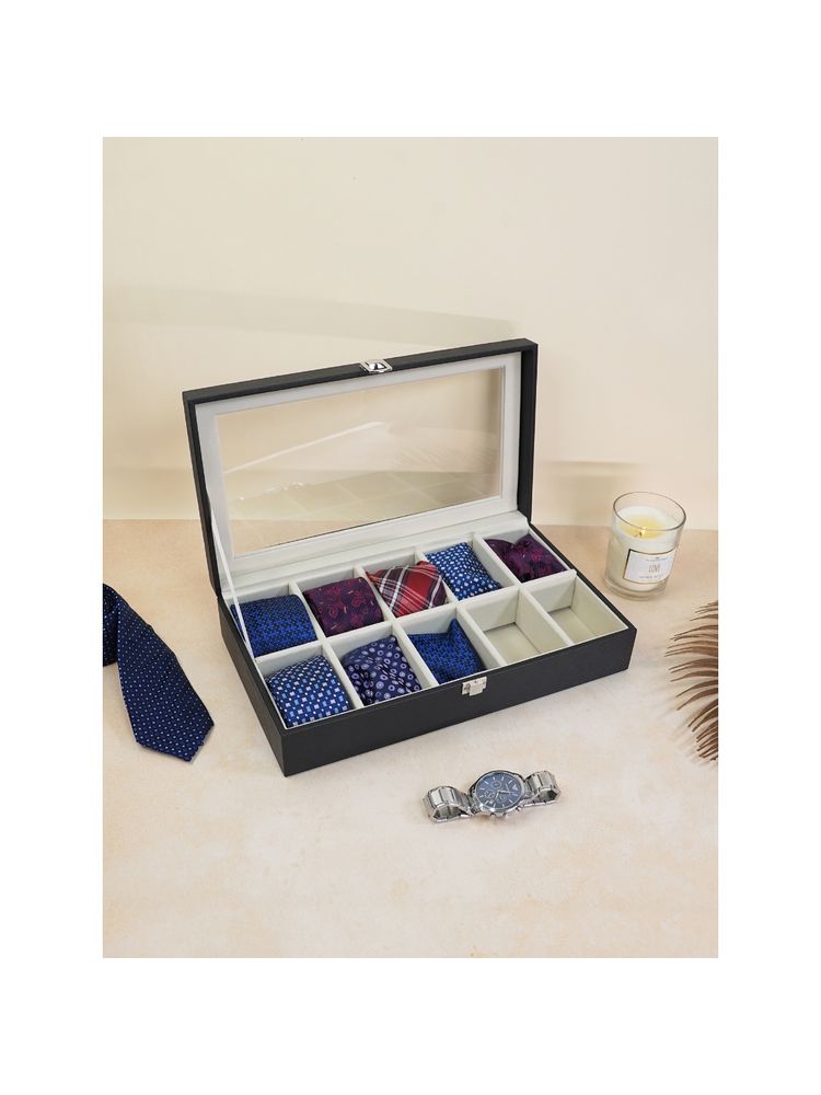 The Big Trove 10 Slot Black Leatherette Tie Organizer Box For Wardrobe Closet-picture-24