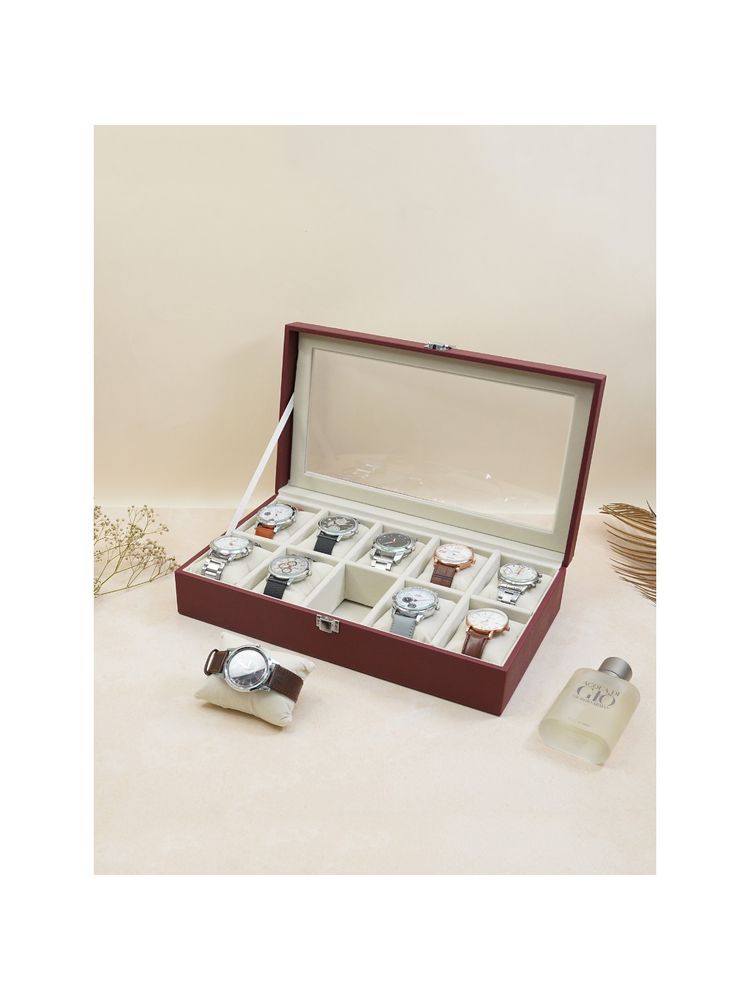 The Big Trove 10 Slot Burgundy Leatherette Watch Organizer Box For Wardrobe Closet-picture-26