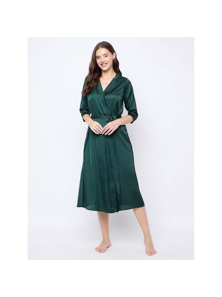 Clovia Satin Solid Long Robe With Belt Green (Set of 2)-picture-19