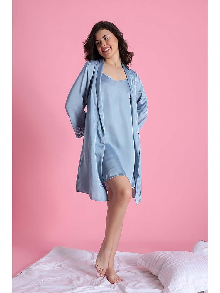 Zivame Satin Sleep Robe Set - Windward Blue-image-1