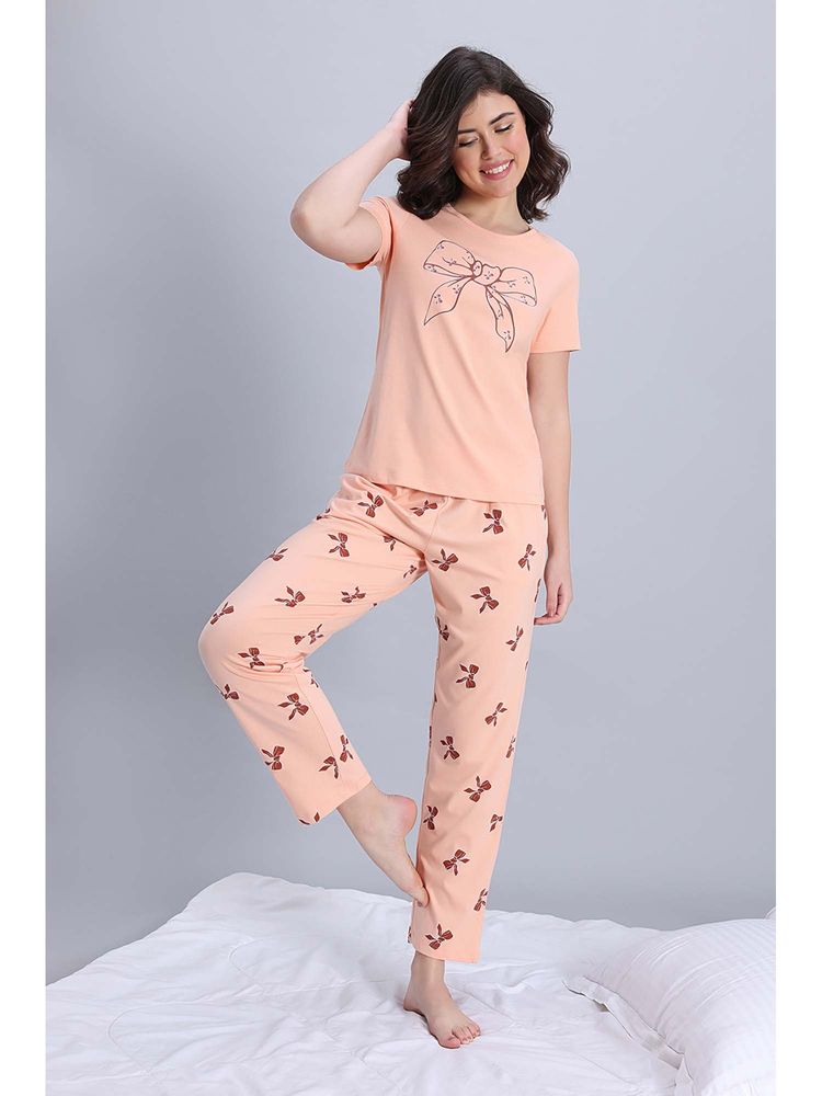 Zivame Knit Cotton Pyjama and T-shirt - Peach Whip-picture-9