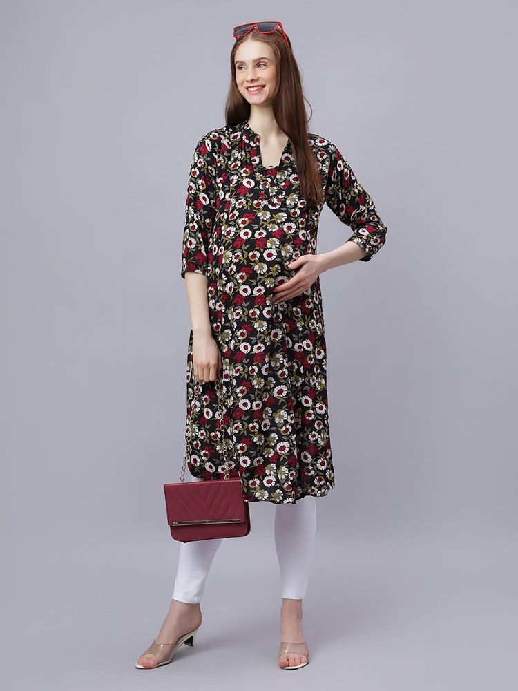 Mamma's Maternity Black Rayon A-Line Floral Maternity Kurti-picture-18