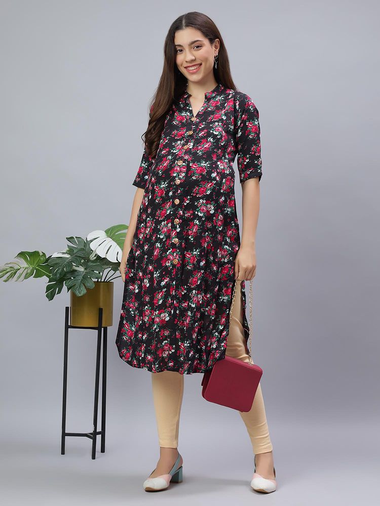 Mamma's Maternity Black Rayon A-Line Floral Maternity Kurti-picture-22