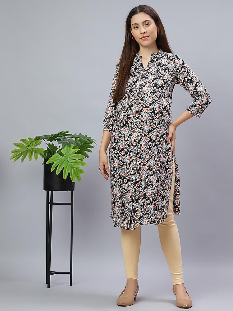 Mamma's Maternity Black Rayon A-Line Floral Maternity Kurti-picture-19