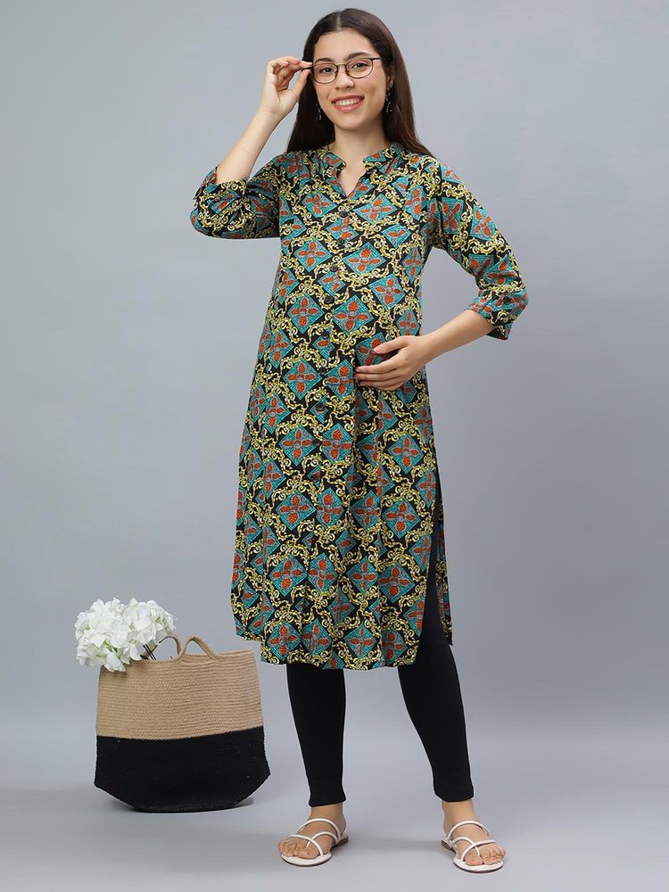 Mamma's Maternity Black Rayon A-Line Printed Maternity Kurti-picture-10