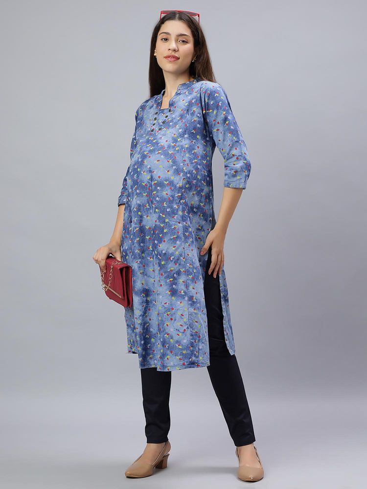 Mamma's Maternity Blue Cotton A-Line Printed Maternity Kurti-picture-14