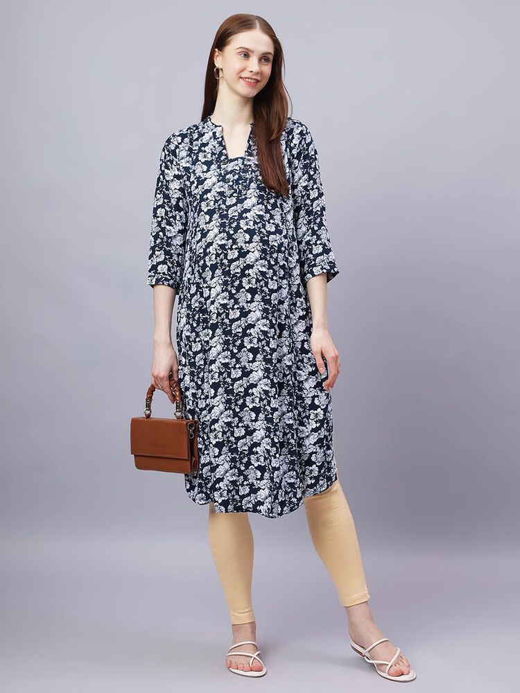 Mamma's Maternity Blue Rayon A-Line Floral Maternity Kurti-image-49