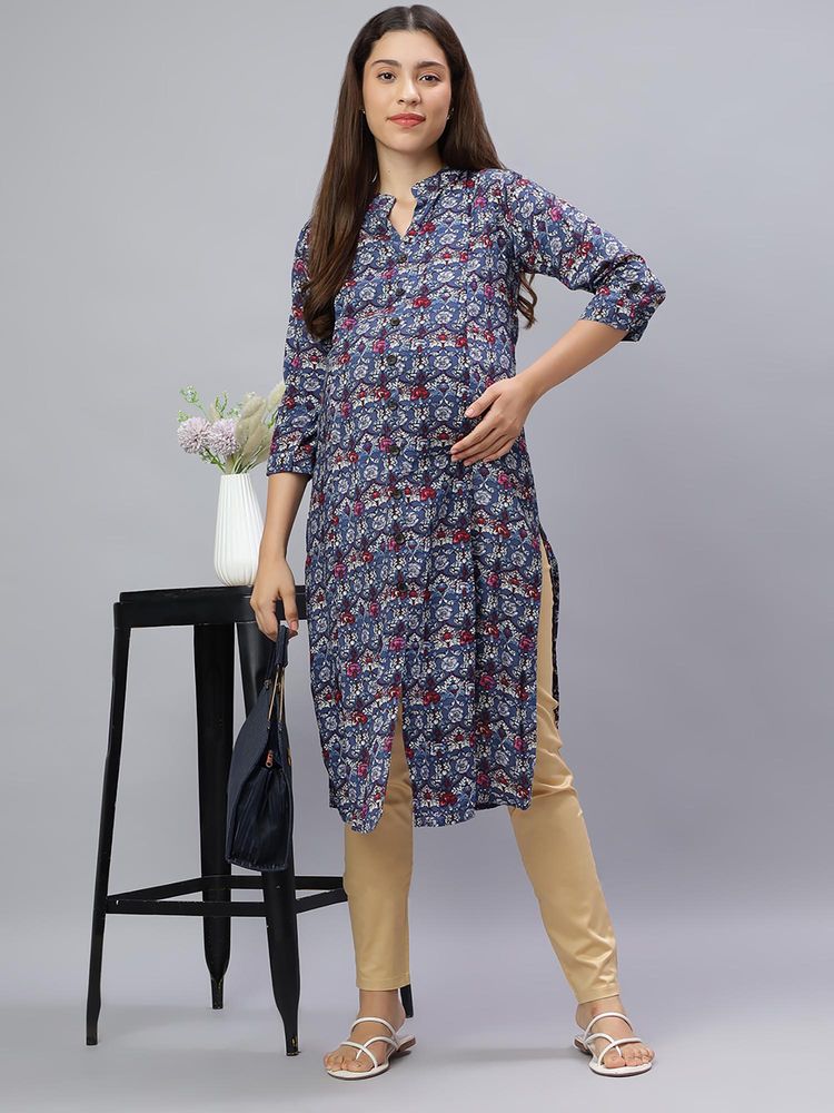 Mamma's Maternity Blue Rayon A-Line Printed Maternity Kurti-picture-34