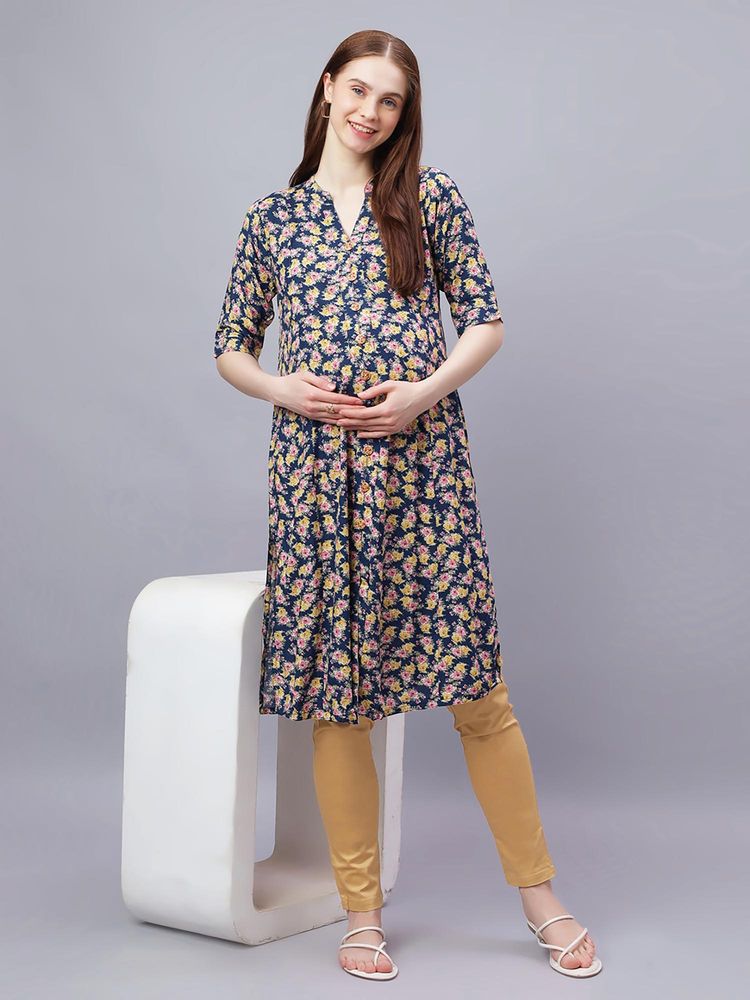 Mamma's Maternity Blue Rayon A-Line Floral Maternity Kurti-image-48