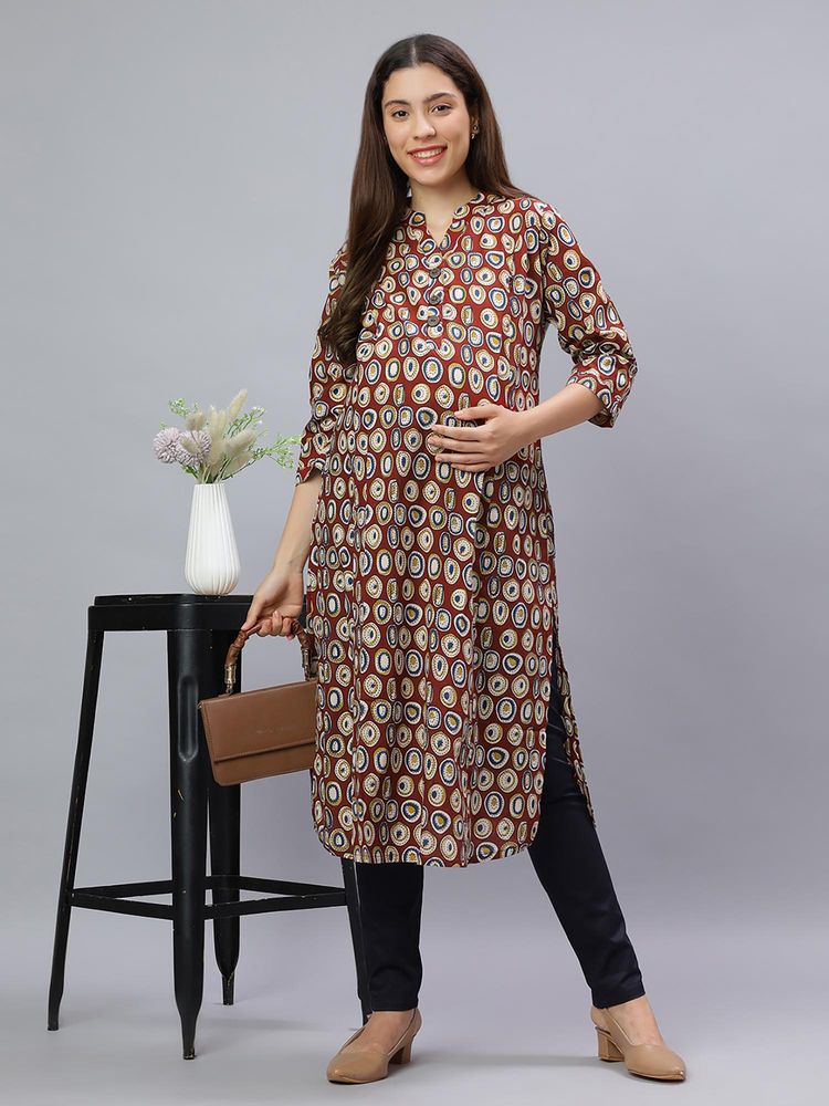 Mamma's Maternity Maroon Cotton A-Line Geometric Maternity Kurti-image-3