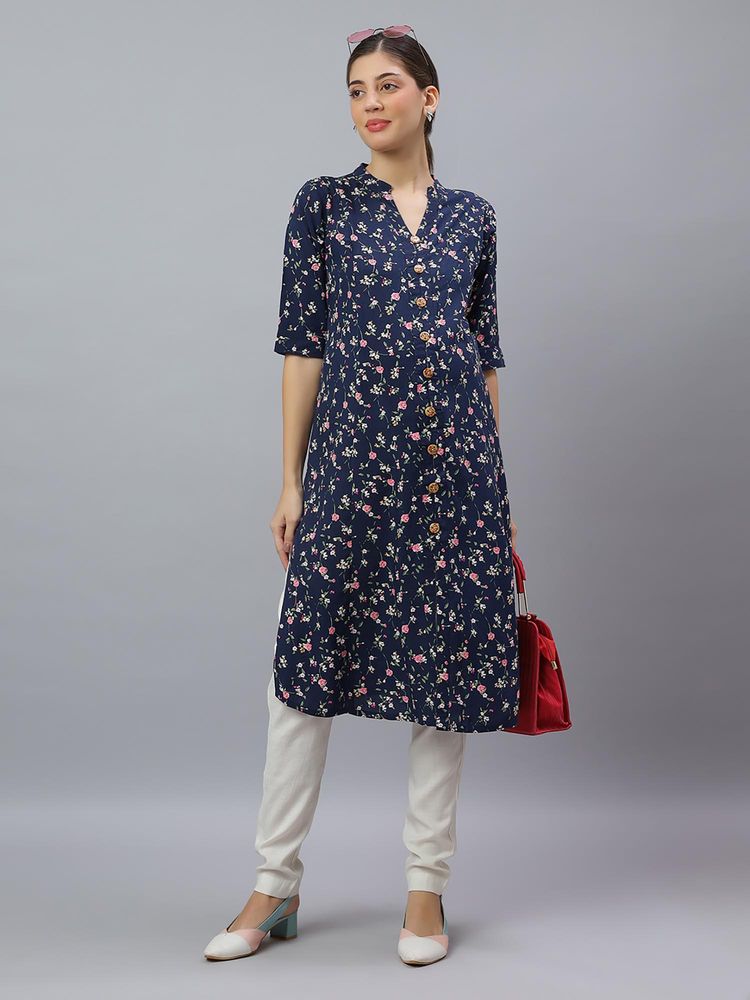 Mamma's Maternity Navy Blue Rayon A-Line Floral Maternity Kurti-image-47
