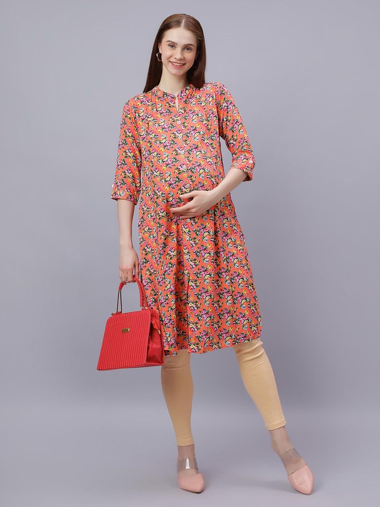 Mamma's Maternity Orange Rayon A-Line Floral Maternity Kurti-image-1