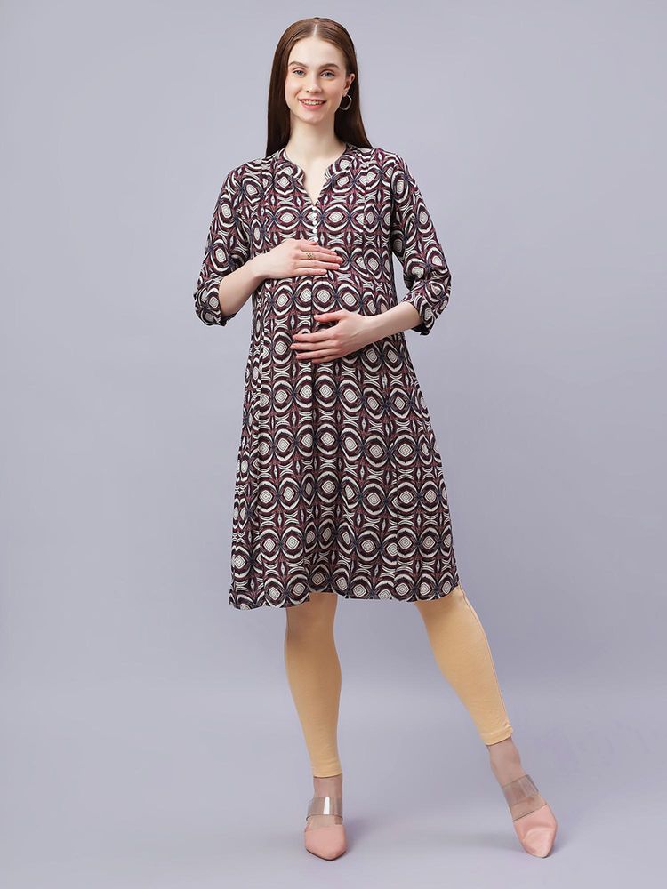 Mamma's Maternity Maroon Rayon A-Line Printed Maternity Kurti-picture-33
