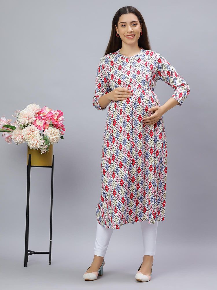 Mamma's Maternity White Rayon A-Line Geometric Maternity Kurti-image-8