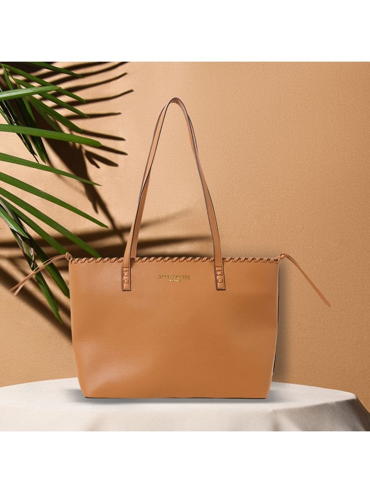 Accessorize London Women Faux Leather Tan Whipstitch Tote Bag-image-28