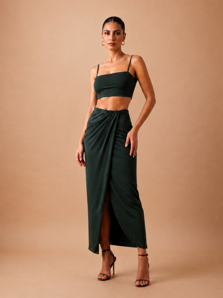 WomanLikeU Green Crop Top With Sarong-image-8