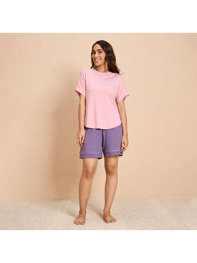 Nykd By Nykaa Buttery Soft Modal Cotton Shorts Coord Set With Round Neck Graphic Tee Nys940 Pink-image-45