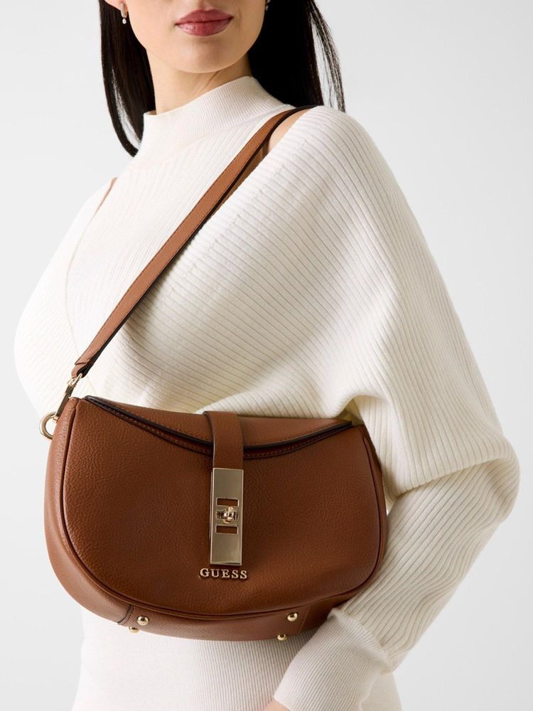 guess fashion Guess Brown Solid Twist Lock Shoulder Bag-picture-35