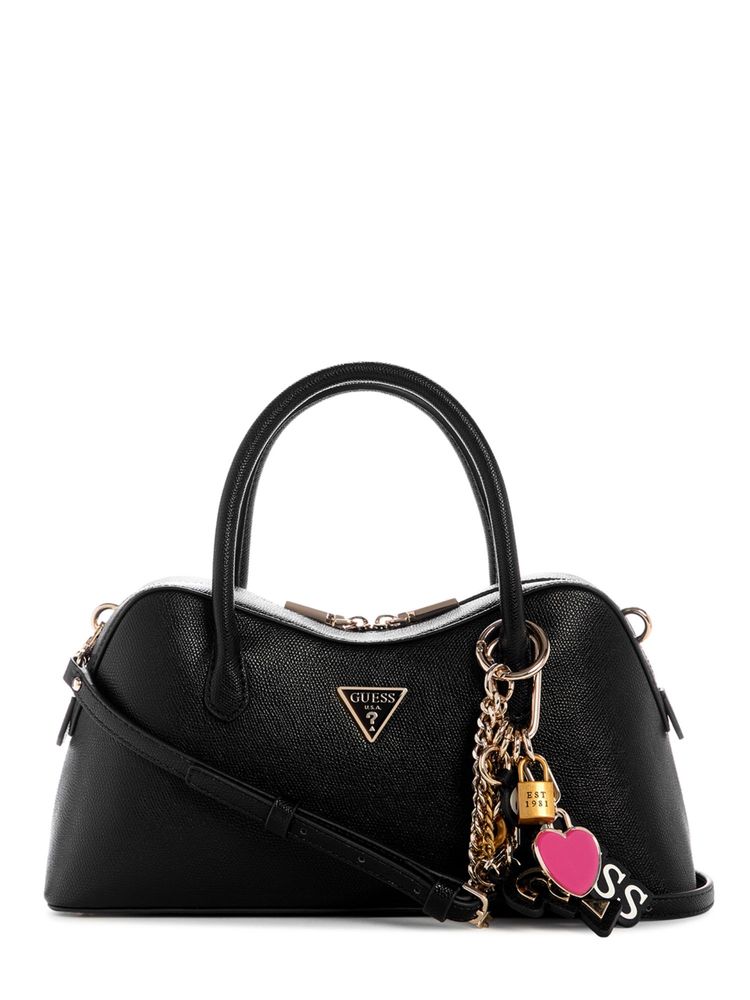 Guess Black Textured Satchel Bag with Detachable Strap-image-25