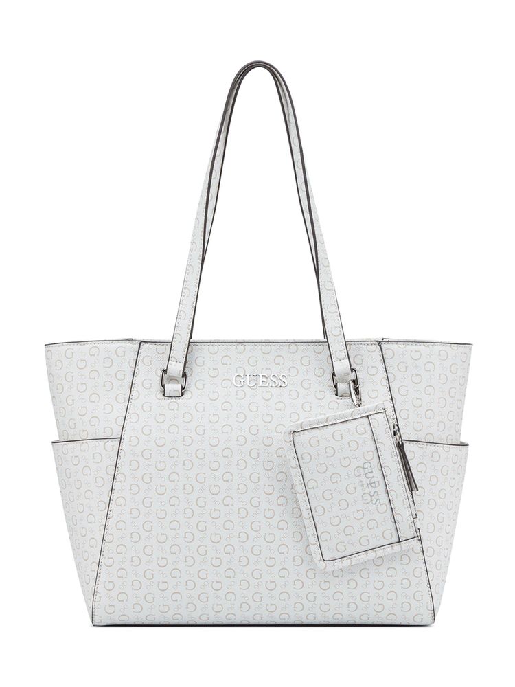 Guess White Printed Zipper Tote Bag with Card Case-image-13