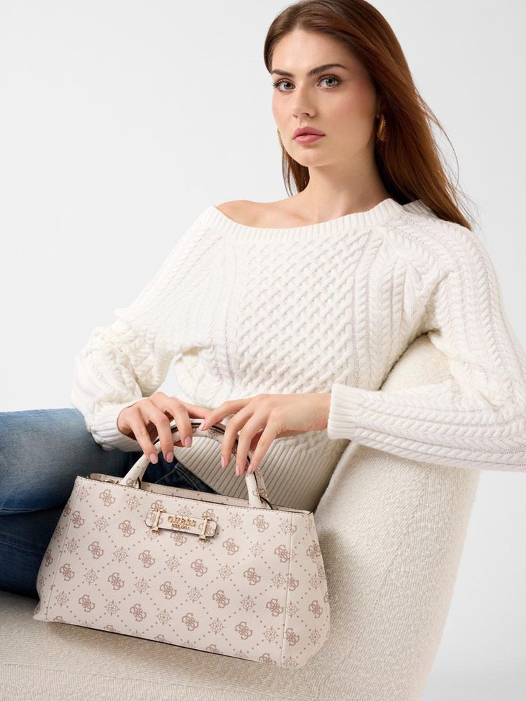 guess fashion Guess Off White Printed Zipper Satchel Bag with Detachable Strap-picture-15