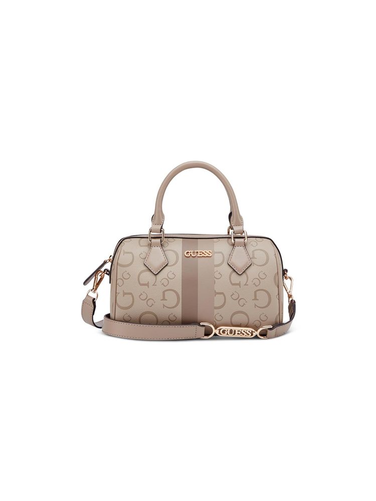 guess fashion Guess Beige Printed Zipper Satchel Bag with Detachable Strap-picture-29