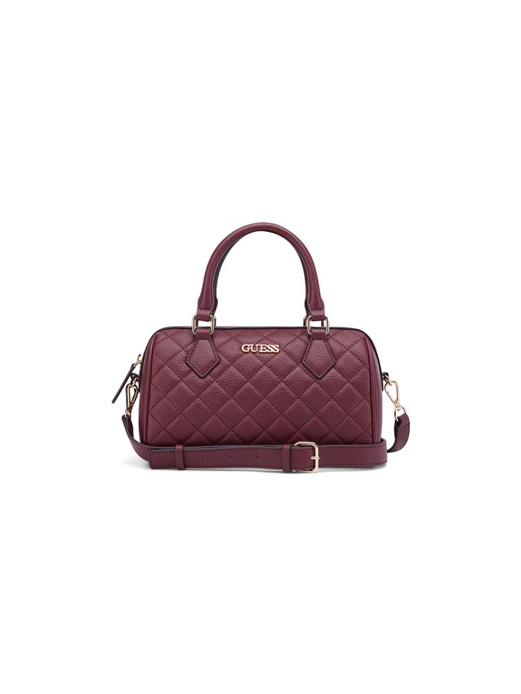 Guess Maroon Textured Satchel Bag with Detachable Strap-image-34