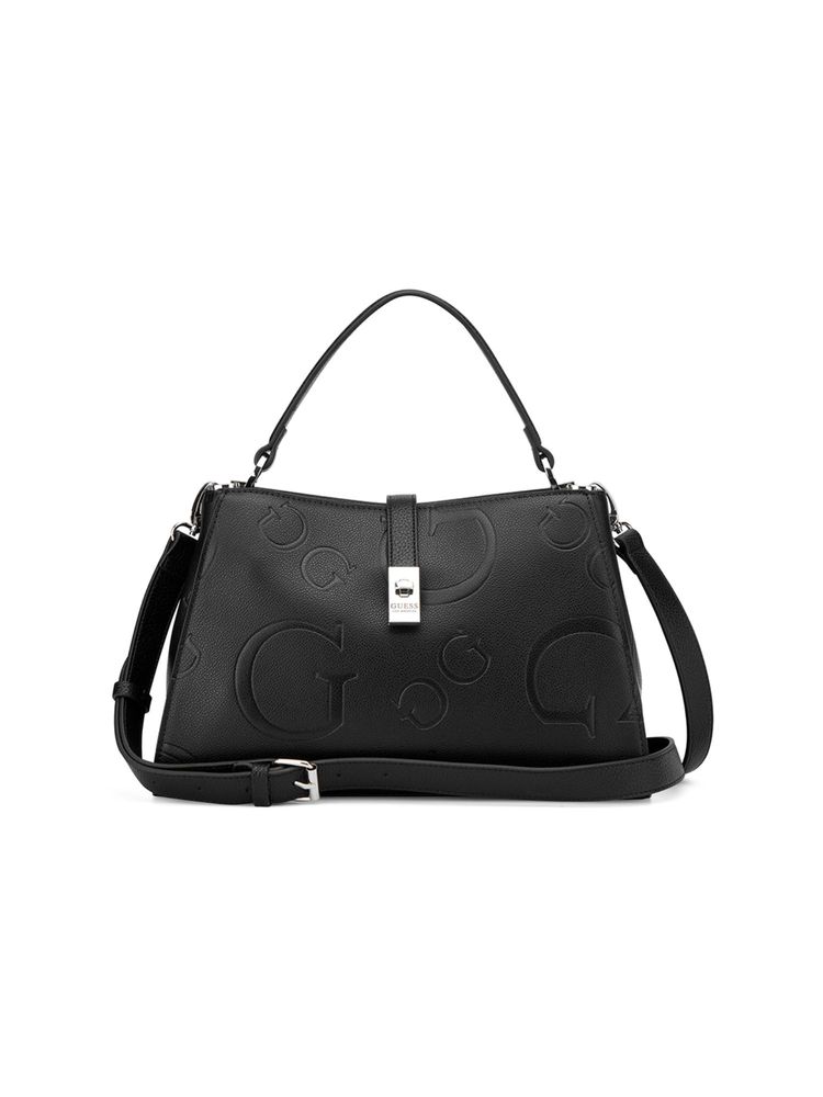 guess fashion Guess Black Textured Twist Lock Rudie Satchel Bag with Detachable Strap-picture-34