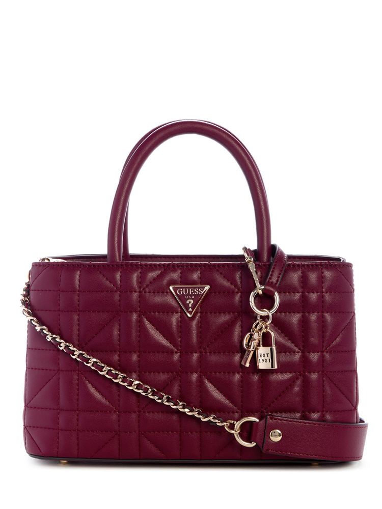Guess Burgundy Quilted Zipper Satchel Bag with Detachable Strap-image-6
