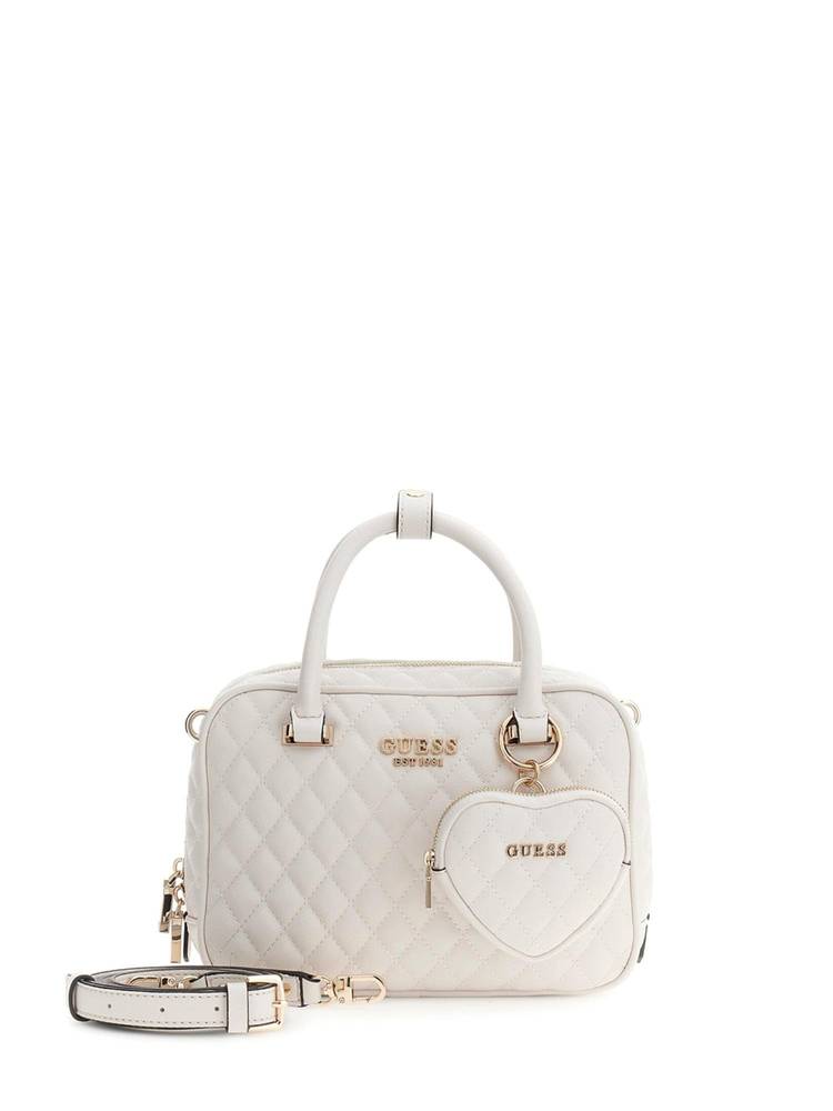 guess fashion Guess Off White Quilted Zipper Satchel Bag with Detachable Strap & Pouch-picture-18