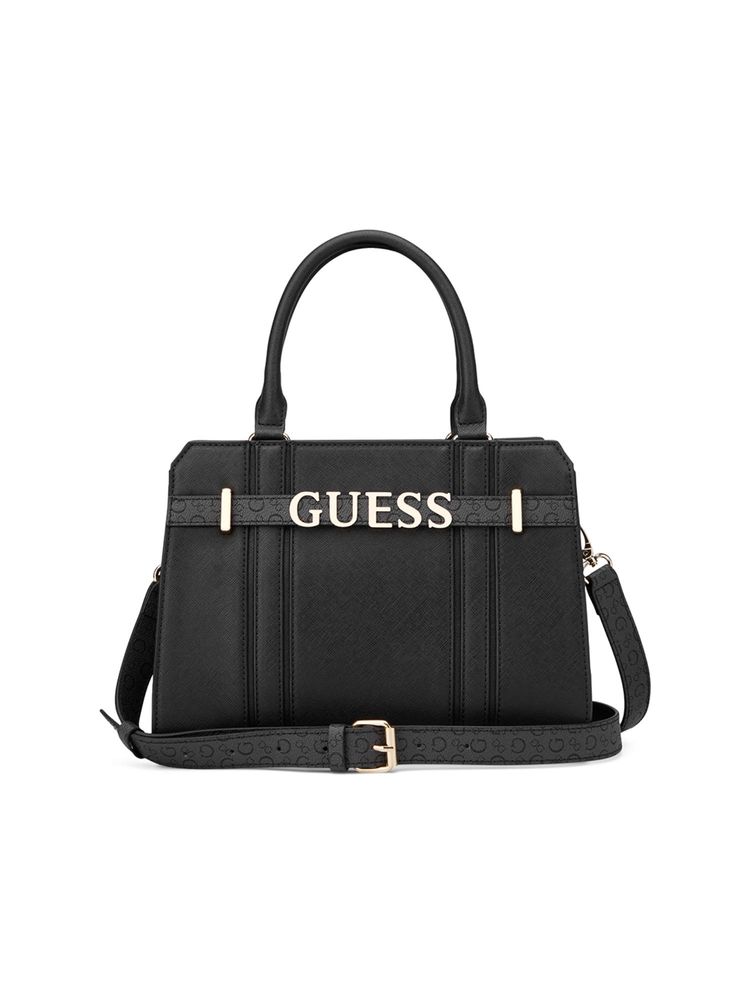 Guess Black Solid Zipper Satchel Bag with Detachable Strap-image-25
