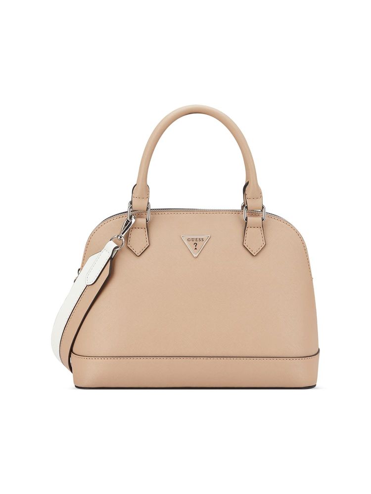 guess fashion Guess Beige Textured Zipper Satchel Bag with Detachable Strap-picture-34