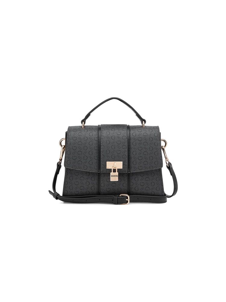 guess fashion Guess Black Printed Magnetic Satchel Bag with Detachable Strap-picture-21