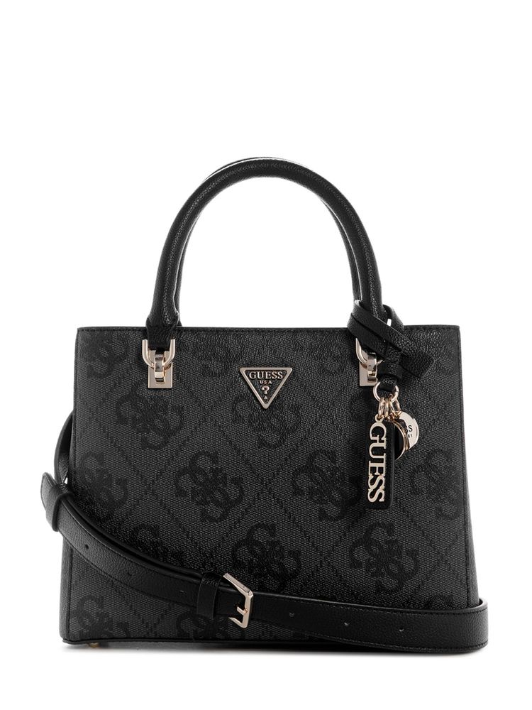 guess fashion Guess Black Printed Zipper Satchel Bag with Detachable Strap-picture-19