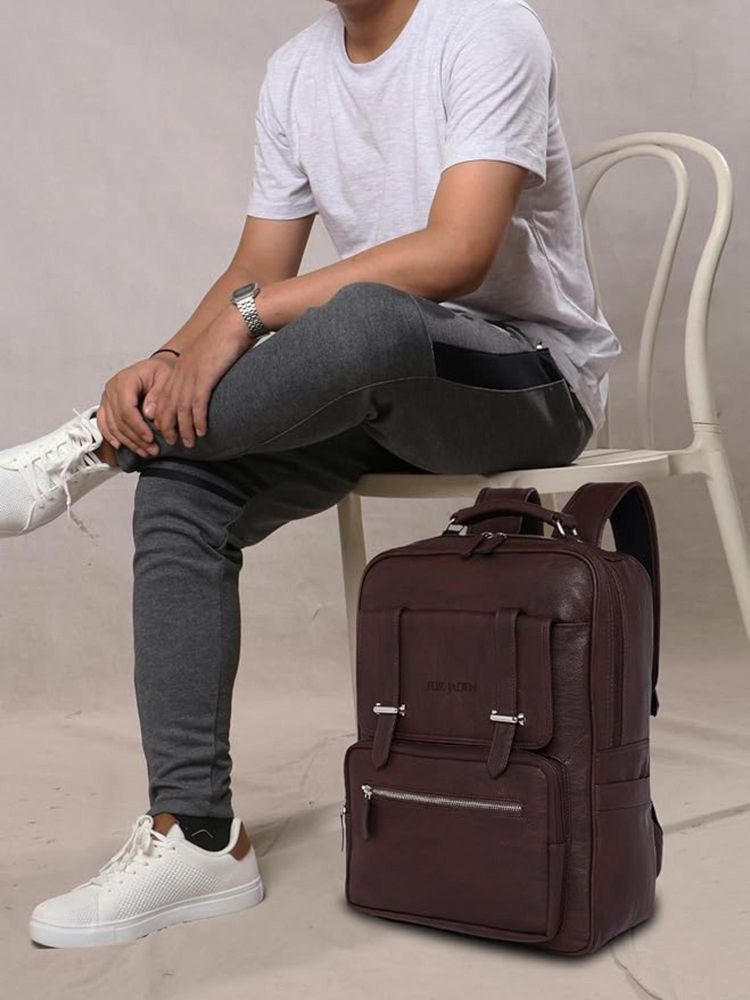 FUR JADEN Vegan Leather Stylish 15.6 Inch Laptop Brown Backpack (M)-picture-21