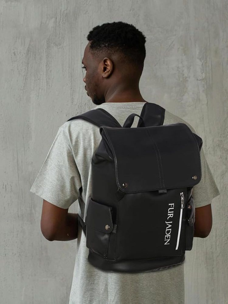FUR JADEN Vegan Leather Stylish Casual 4 Compartment Laptop Black Backpack (M)-picture-24
