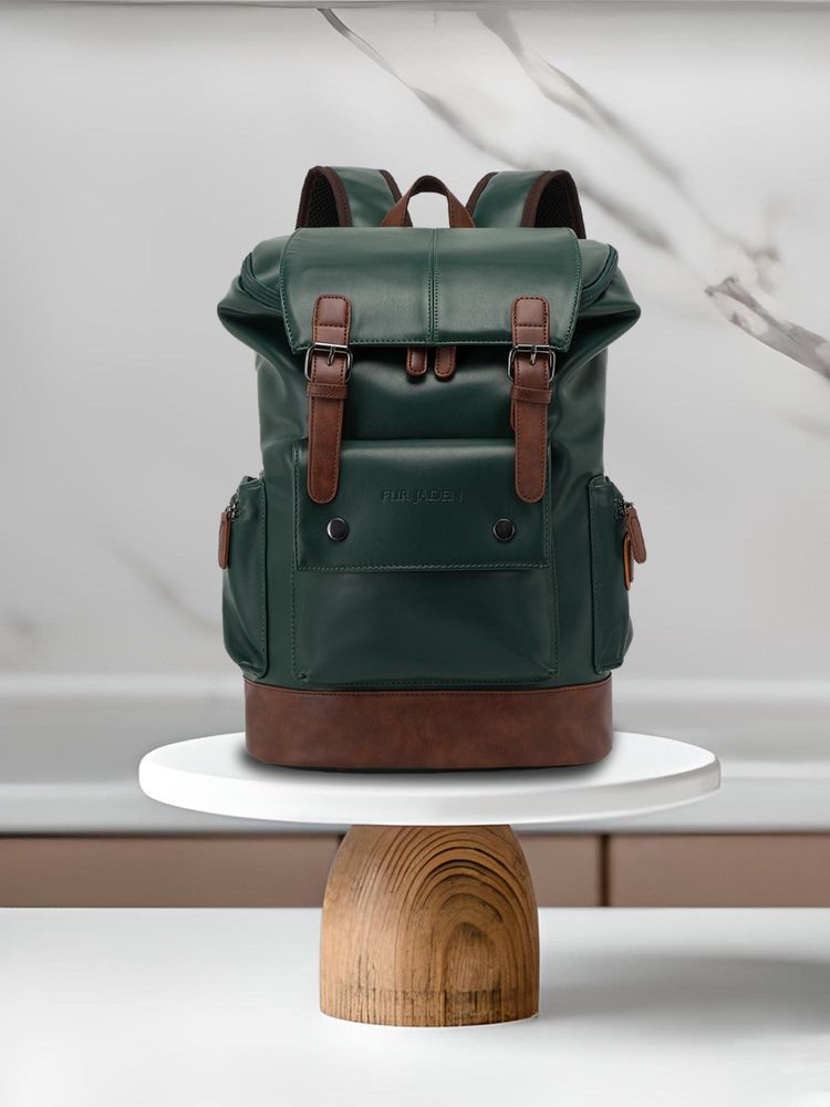 FUR JADEN Vegan Leather Anti Theft Laptop Green Backpack (M)-picture-14
